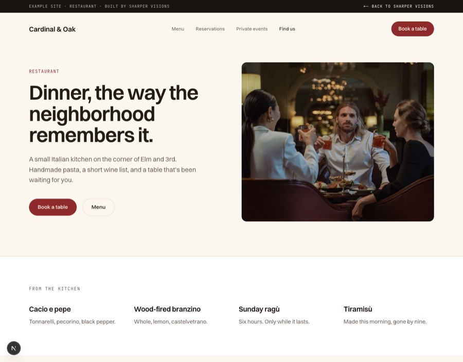 Preview of the Restaurant example site